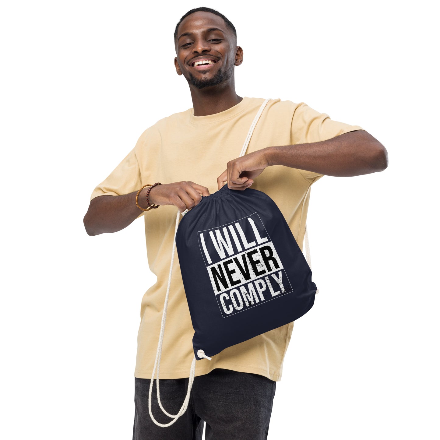 NEVER COMPLY Organic cotton drawstring bag